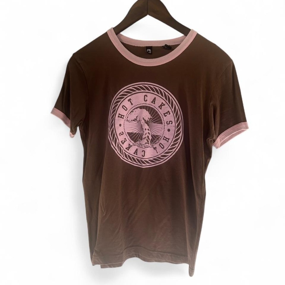 Hot Cakes brown & pink ringer tee size L 18" ptp (L4)